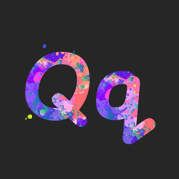 Letters Q uppercase and lowercase with effect of liquid spots of paint in blue, purple, pink colors, isolated on dark grey — Stock Vector