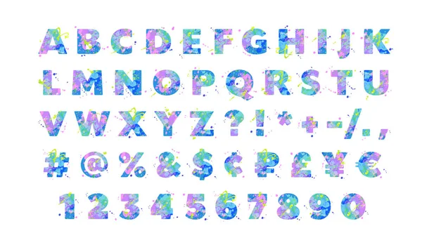 Kolorowy wektor Angielski alfabet z efektem płynnych plamek farby w kolorze niebieskim, zielonym, różowym — Wektor stockowy