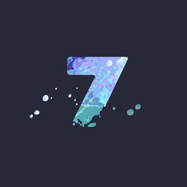 Koyu lacivert zemin üzerinde mavi, beyaz ve mor renkli sıvı boya lekeleri olan 7 numaralı kalın boya. Bir el ilanı, poster, takvim, kapak, başlık için dekorasyon malzemesi. Vektör EPS10