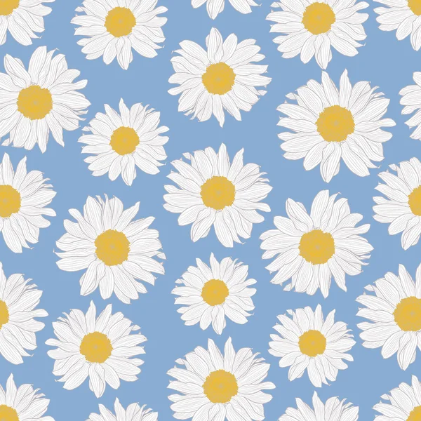 Açık Mavi Arka Planda Sarı Beyaz Papatya Çiçeklerinden Oluşan Kusursuz — Stok Vektör