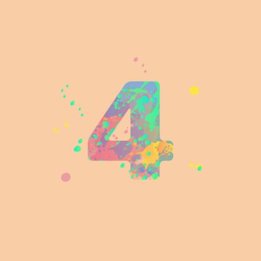 Şeftali arka planında pembe, sarı, mavi, turkuaz renkli karışık lekeli 4 numara. Pankartlar, el ilanları, etiketler, dekorasyonlar, poster veya davetiyeler için tasarım.