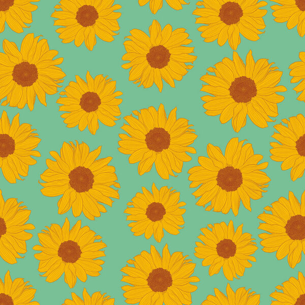 Seamless pattern of yellow sunflowers on turquoise background