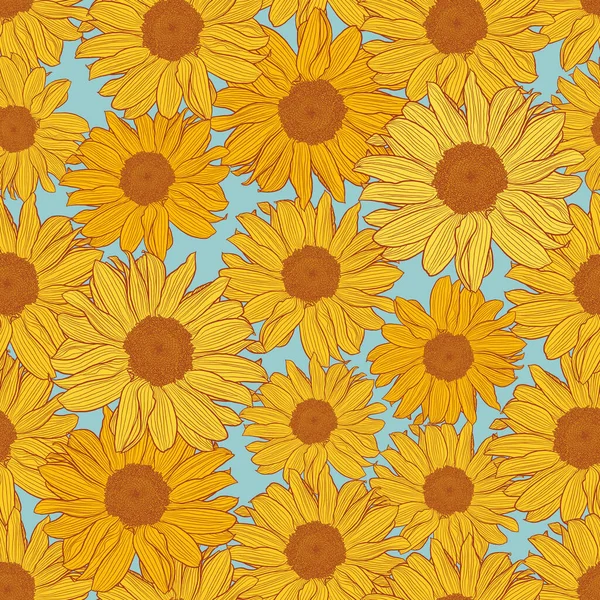 Vector seamless pattern of yellow sunflowers on light turquoise background — Stock Vector