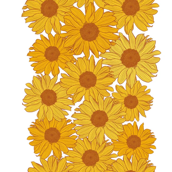 Bordure verticale sans couture vectorielle avec tournesols jaunes avec contour bronze isolé sur fond blanc — Image vectorielle