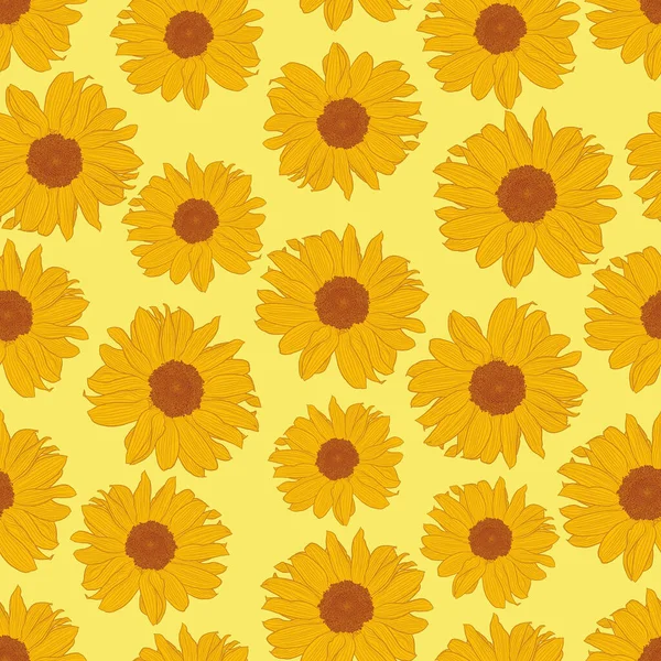 Vector seamless pattern of sunflowers on light yellow background — Stock Vector