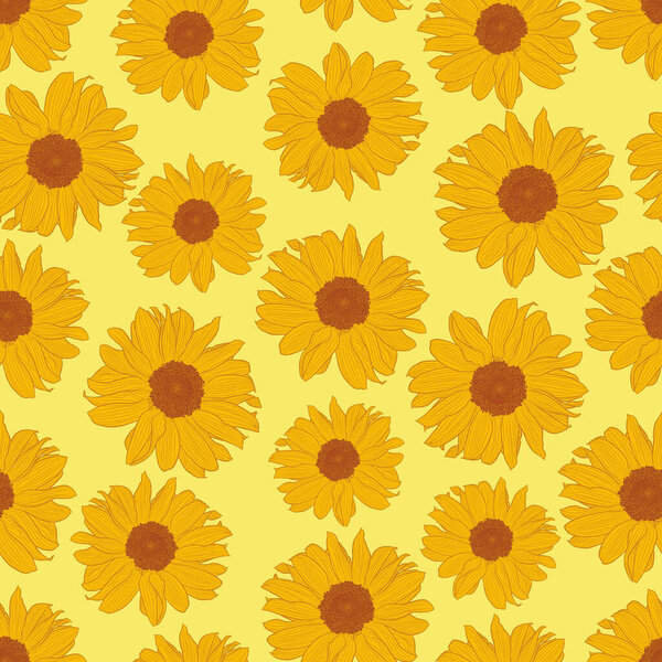 Vector seamless pattern of sunflowers on light yellow background