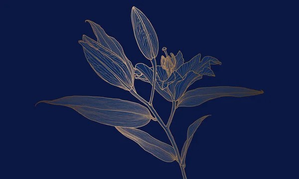 고급 미술 데코 금속 금속 백합 꽃 선형 그림깊은 파란색 — 스톡 벡터