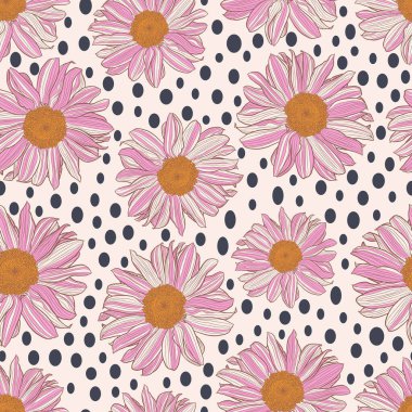 Seamless pattern of white-pink daisies and dark grey-violet polka dot on white linen color background