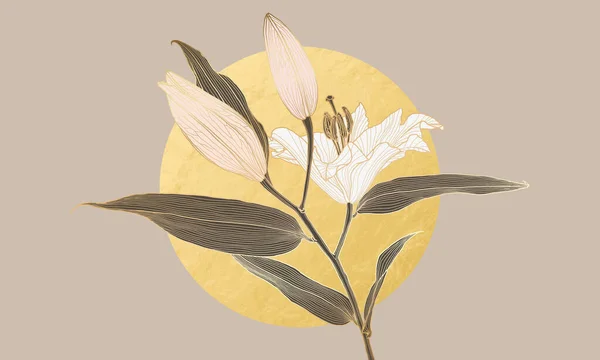 Luxury art deco lily flower golden linear drawing and gold foil circle moon — Stok Vektör
