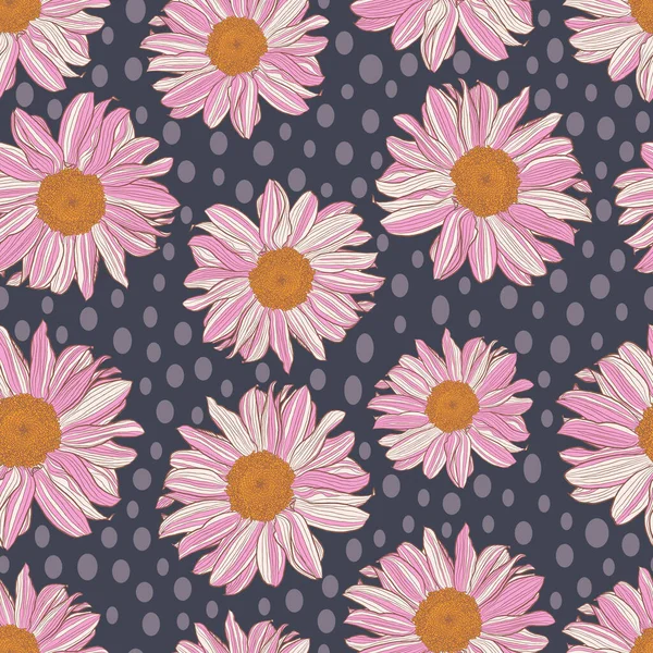 Seamless pattern of white-pink daisies and grey polka dot on dark grey-violet background — Stok Vektör