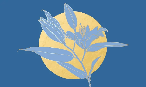 Luxe art deco gouden lelie bloem lineaire tekening en goud folie maan op blauw — Stockvector