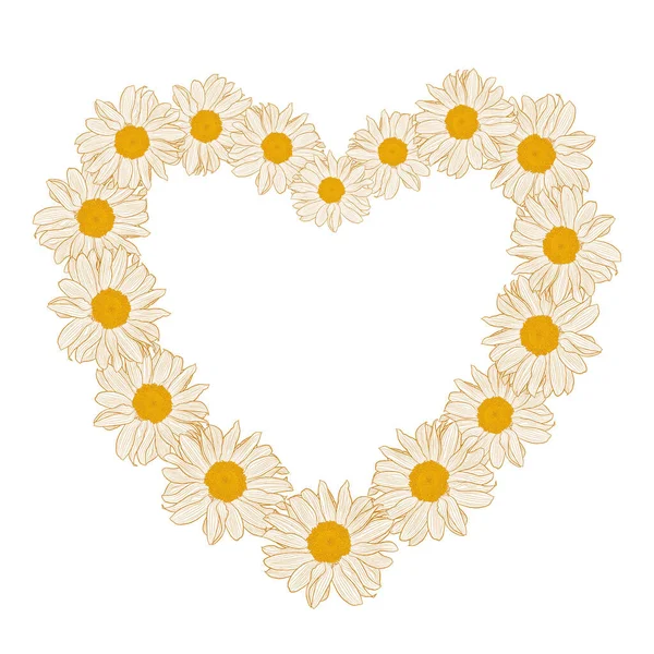 Couronne florale de marguerites en forme de cœur sur fond blanc — Image vectorielle