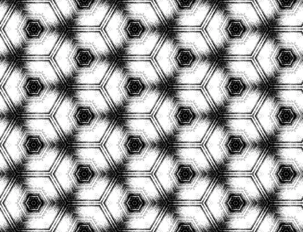 Modèle hexagonal sans couture, effet kaléidoscope texturé abstrait noir et blanc — Image vectorielle