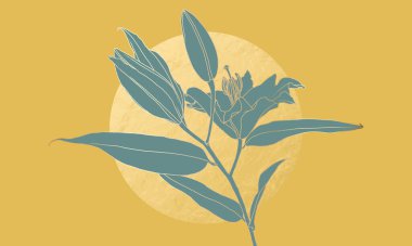 Şatafatlı sanat deco zambak çiçekli altın çizgisel çizim yeşil siluet ve sarı folyo dairesel ay