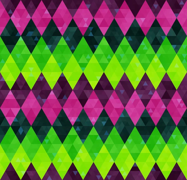 Abstract geometric seamless harlequin pattern from rows of rhombuses in green, pink and purple — Stockvector