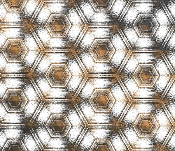 Geometrisches abstraktes Weiß und Dunkelgrau mit metallischer Kupferstruktur kaleidoskopisches hexagonales Muster — Stockvektor