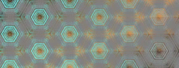 Patrón hexágono, cian abstracto, adorno caleidoscopio texturizado gris y bronce — Archivo Imágenes Vectoriales