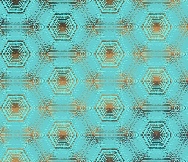 Sechseckiges Muster, abstraktes Kaleidoskop-Ornament aus Cyan, Krickente und Bronze — Stockvektor