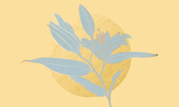Luxurious lily flower in art deco style light blue silhouette with gold outline and gold foil circle on yellow — Stockvector