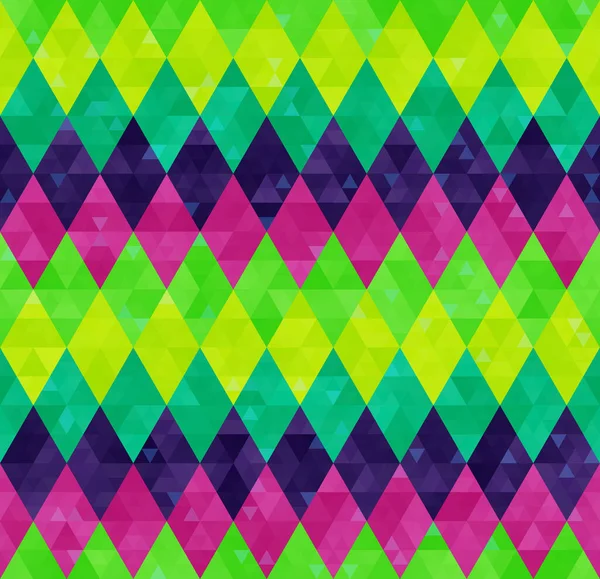 Abstract geometric harlequin pattern from rows of rhombuses in green, yellow, pink and purple — Stockvector