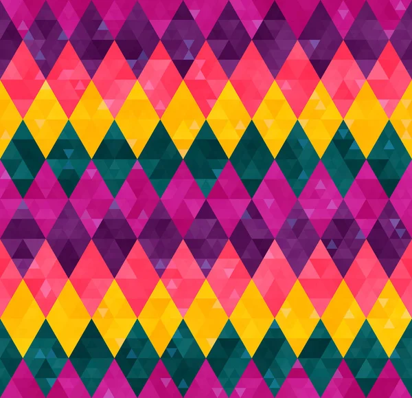 Abstract seamless harlequin pattern from rows of rhombuses in green, yellow, pink and purple — Stockvector