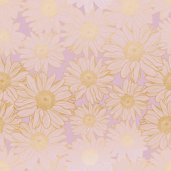 Floral vector seamless pattern of chamomile flowers in light lilac pastel colors with golden outline — Stock Vector