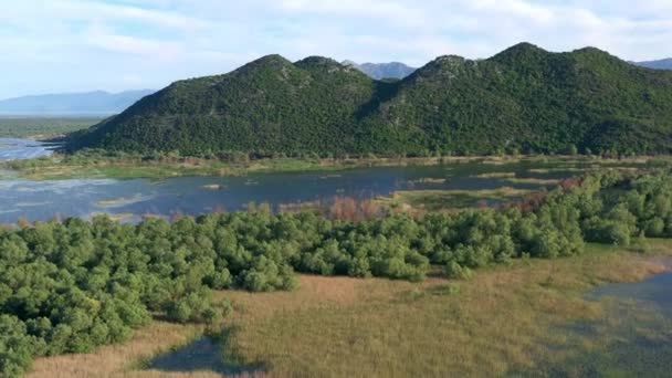 Vista Aérea Montanhas Verdes Lago Skadar Primavera Montenegro — Vídeo de Stock