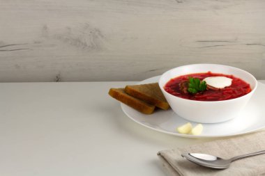 Beyaz kasede Rus borcsh çorbası. Kopyalama alanı ile seçmeli odak