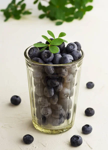 Frische Blaubeeren Glas Auf Hellem Hintergrund Vertikale Orientierung — Stockfoto