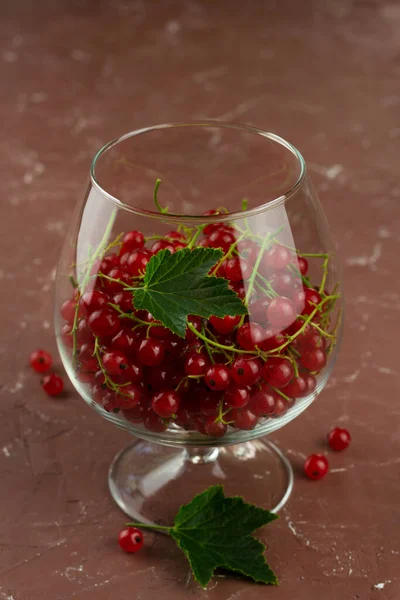 Rote Johannisbeere im Glas auf braunem Hintergrund — Stockfoto