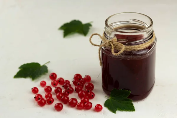 Red currant jam in a glass jar on light background — Stock Photo, Image