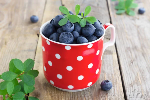 Frische Blaubeeren in einer Tasse auf Holzgrund — Stockfoto