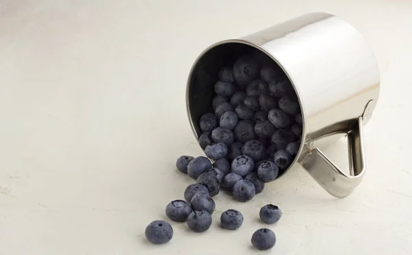 Blueberries are pouring out of a metall mug — Stockfoto