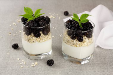 Yoğurtlu granola ve gözlüklü böğürtlen.