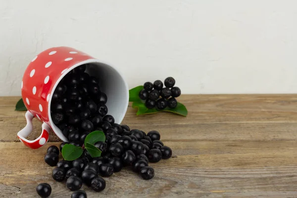 Frische Apfelbeeren strömen aus einer roten Tasse. Kopierraum — Stockfoto