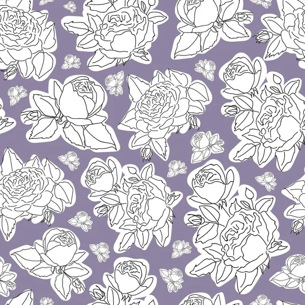 Vector Hand gezeichnet weiße Rose nahtlose Muster Hintergrund auf hellviolette Oberfläche lizenzfreie Stockillustrationen