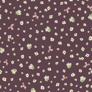 Kahverengi yüzeyde vektör kremi renginde küçük, soluk çiçekli, pürüzsüz desenli arkaplan