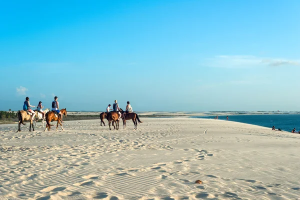 ジェリーコア コアラの夕日の砂丘で馬に乗る観光客 — ストック写真
