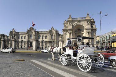 Carriage rolled tourists by the Presidential Palace clipart