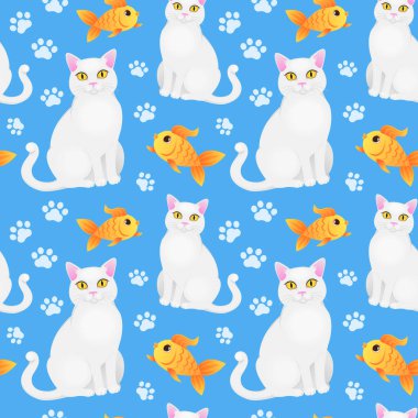 Beyaz kedi ve akvaryum balığıyla kusursuz desen. 