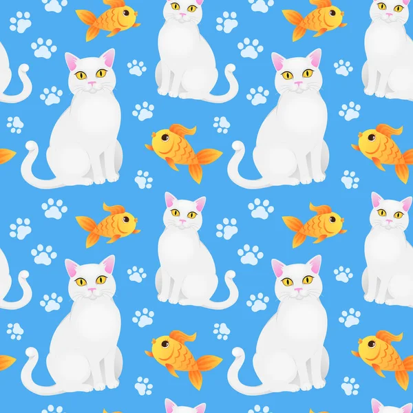 Nahtloses Muster mit weißer Katze und Goldfisch. — Stockvektor