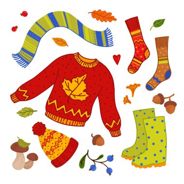 Samimi sonbahar elementleri ayarlandı. Sıcak, sıcak giysiler.