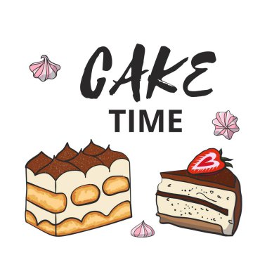 Stok vektör el çizilmiş pasta zamanı tebrik kartı tiramisu ve sufle kek çizimi beyaz üzerine izole edilmiş