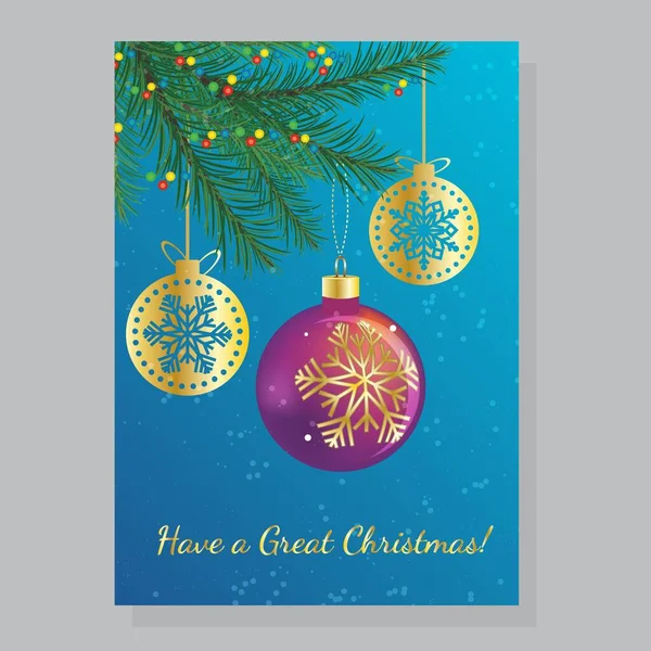 Christmas New Year Greeting Card Hanging Baubles Fir Branch Vector — Stock Vector