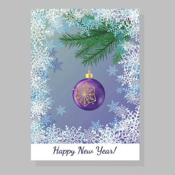 Christmas New Year Greeting Card Hanging Bauble Fir Branch Snowflakes — Stock Vector