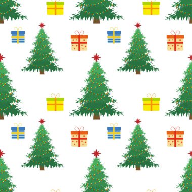 Noel ağacı ve hediye kutuları vektör illüstrasyonuyla kusursuz tatil deseni
