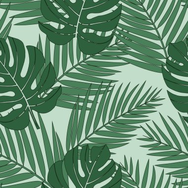Açık yeşil arka planda tropik yapraklarla kusursuz egzotik desen. Vektör illüstrasyonu.