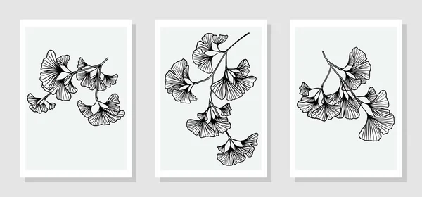 Botanische Wandkunst Ginkgo Biloba Blätter Schwarz Weiß Vektorillustration — Stockvektor