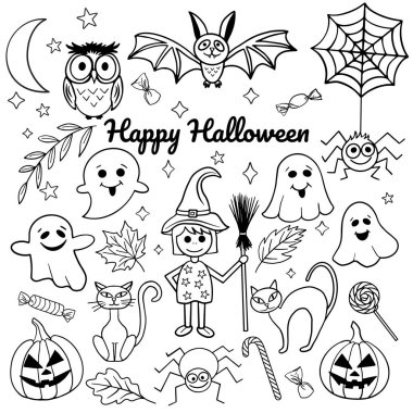 Cadılar Bayramı karakterleri ve karalama seti. Vektör illüstrasyonu.