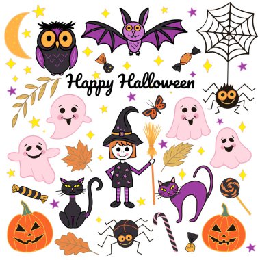 Mutlu Cadılar Bayramı Çizgi film karakterleri, Cadılar Bayramı vektör illüstrasyonları.